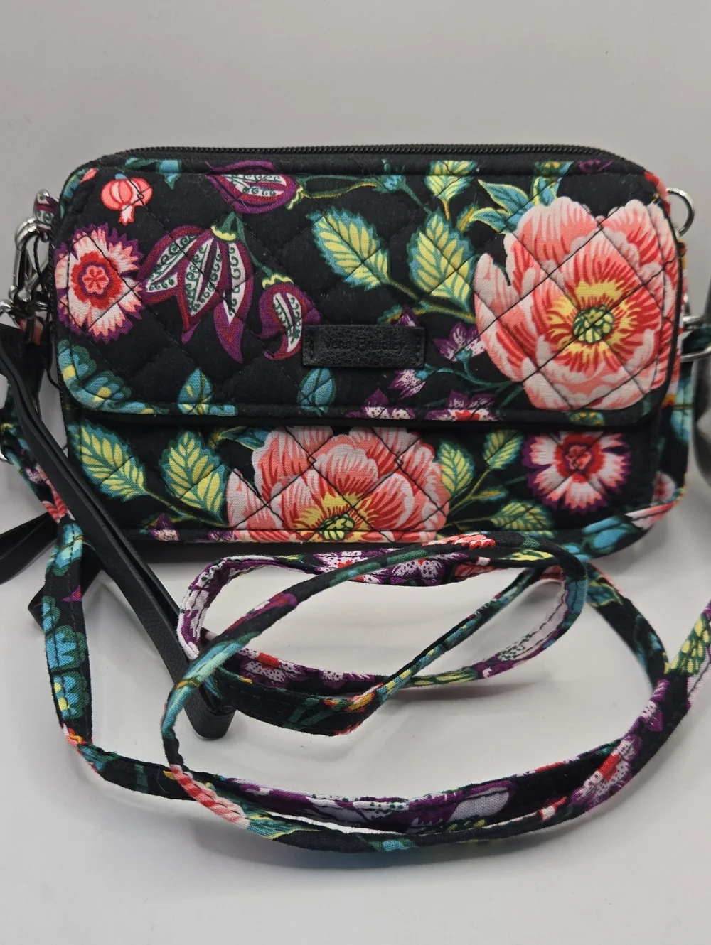 EUC Vera Bradley Black Crossbody with Pink and Coral Floral Print